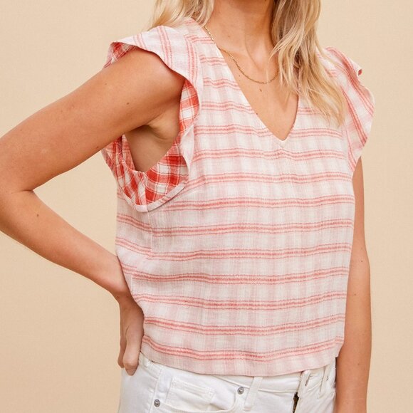 HEM & THREAD Red Plaid Flutter Sleeve Blouse, Lightweight Woven Top - Picture 1 of 6